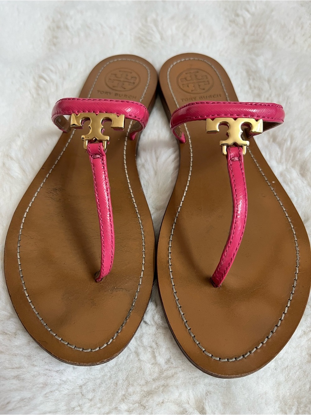 Tory Burch Pink Miller T-Strap Leather Sandals Size 8.5